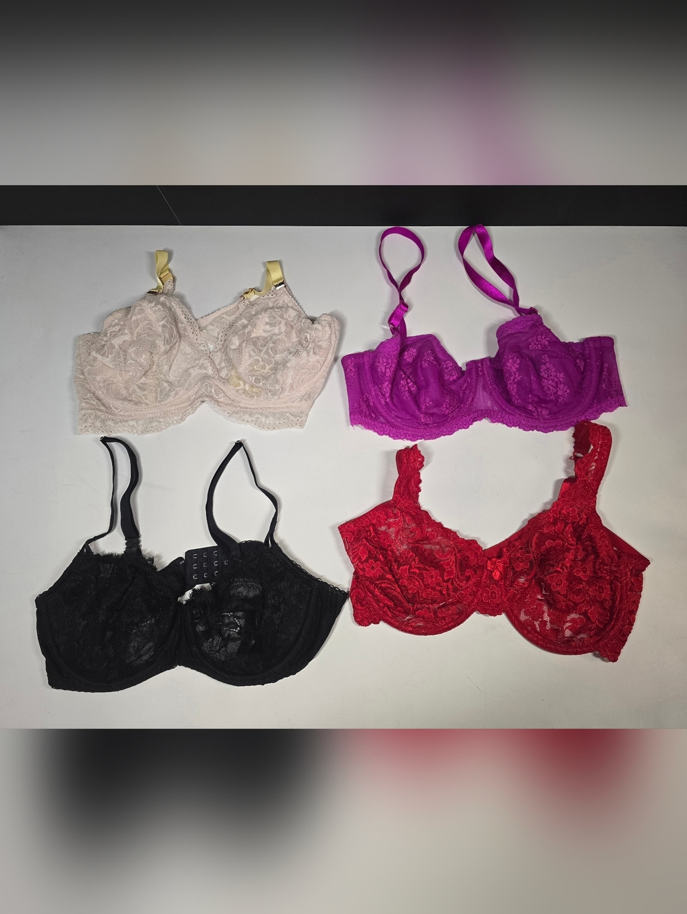 38D Bra Bundle 4 Women's Lace Underwire Bra - Red, Black, Pink, Purple